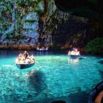 Melissani Cave is a freshwater cave lake on Kefalonia. The colours produced by the Sun on this lake are spectacular